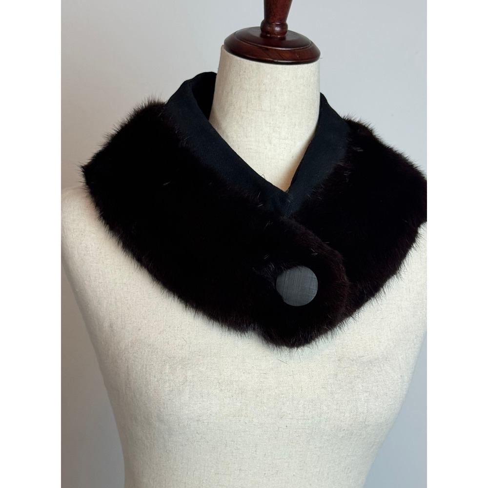 Vintage Dark Mahogany Mink Fur Collar Black Fabric Backing Button Closure Wrap